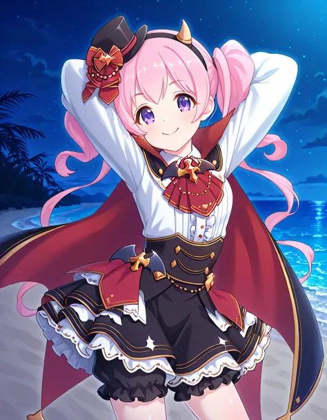 pcrmugi, pink hair, long hair, twintails, purple eyes, pmugihal, top hat, mini hat, black headwear, hair ornament, black hairband, fake horns, two-sided cape, vampire costume, red ascot, cross, bat ornament, collared shirt, white shirt, center frills, blac...
