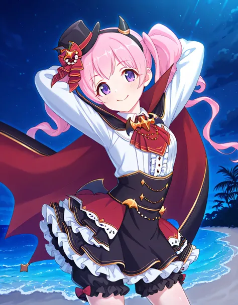 pcrmugi, pink hair, long hair, twintails, purple eyes, pmugihal, top hat, mini hat, black headwear, hair ornament, black hairband, fake horns, two-sided cape, vampire costume, red ascot, cross, bat ornament, collared shirt, white shirt, center frills, blac...