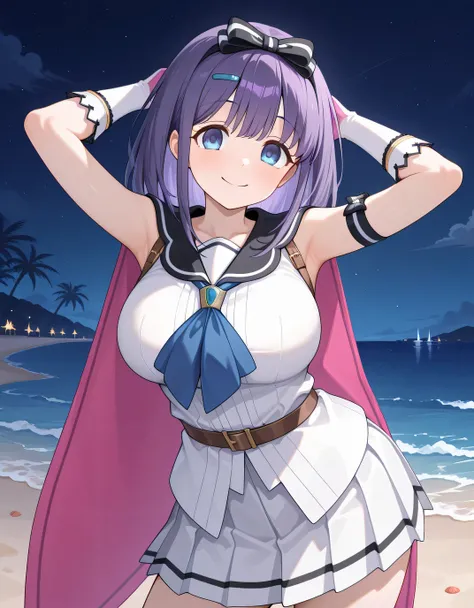 pcrmsra, medium hair, purple hair, blue eyes, large breasts, tareme,
pmsradef, hair bow, black bow, striped bow, hairclip, black sailor collar, two-sided cape, pink cape, white shirt, sleeveless shirt, blue neckerchief, crossed belts, belt, white skirt, pl...