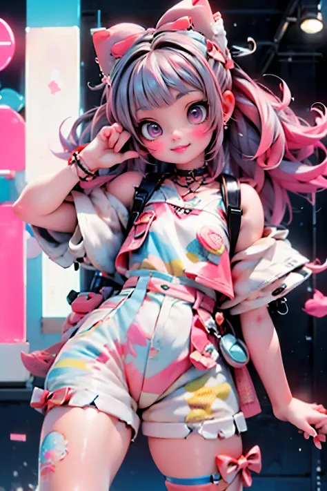 A neon-lit city street at night, with a vibrant Harajuku-inspired aesthetic. A girl, dressed in a striking ensemble of white and pink, poses mid-leap, her bright pink hair styled with multiple bows. Her intense makeup shines under the artificial light, acc...