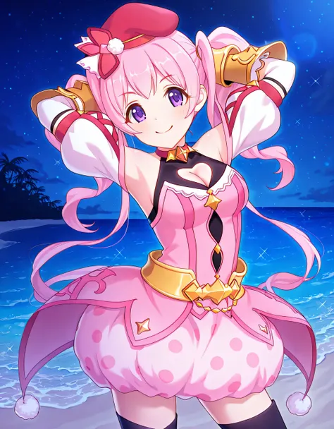 pcrmugi, pink hair, long hair, twintails, purple eyes, pmugidef, beret, red headwear, red choker, pink dress, striped dress, red stripes, chain, strapless dress, sleeveless shirt, black shirt, heart cutout, cleavage cutout, bare shoulders, detached sleeves...