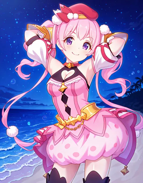 pcrmugi, pink hair, long hair, twintails, purple eyes, pmugidef, beret, red headwear, red choker, pink dress, striped dress, red stripes, chain, strapless dress, sleeveless shirt, black shirt, heart cutout, cleavage cutout, bare shoulders, detached sleeves...