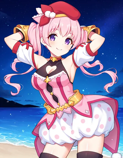 pcrmugi, pink hair, long hair, twintails, purple eyes, pmugidef, beret, red headwear, red choker, pink dress, striped dress, red stripes, chain, strapless dress, sleeveless shirt, black shirt, heart cutout, cleavage cutout, bare shoulders, detached sleeves...