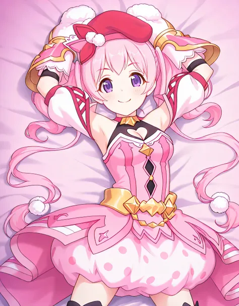 pcrmugi, pink hair, long hair, twintails, purple eyes, pmugidef, beret, red headwear, red choker, pink dress, striped dress, red stripes, chain, strapless dress, sleeveless shirt, black shirt, heart cutout, cleavage cutout, bare shoulders, detached sleeves...