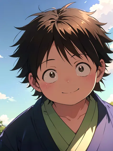 a painting portrait of boy ((smiling)) in manhwa style, [Haruyuki Arita] is a boy from [Accel World] that has brown short hair in spiky hair style, ((black eyes)), ((spring)), warm day, ((BLACK EYES)), ((ager)), (fat), ((kimono), dutch angle, outdoor, warm...