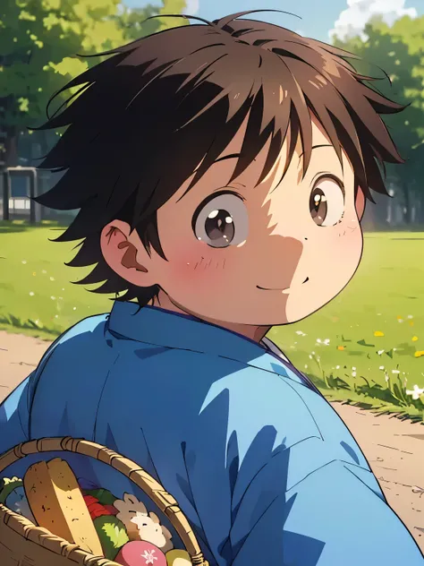 a painting portrait of boy ((smiling)) in manhwa style, [Haruyuki Arita] is a boy from [Accel World] that has brown short hair in spiky hair style, ((black eyes)), ((spring)), warm day, ((BLACK EYES)), ((ager)), (fat), ((kimono), dutch angle, outdoor, warm...