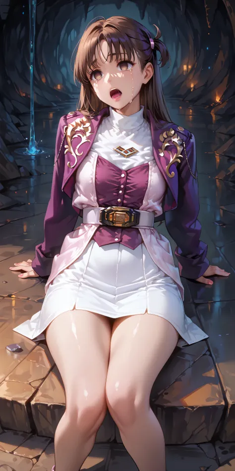 (High definition CG), (Highest Quality), ((Composition showing the top from the knee)),in a cave,((The of one girl who was murdered)),perfect face, wide hips, thin waist, ,Purple Bolero Jacket,White Skirt,long sleeve, Pink Belt, straight and long hair...