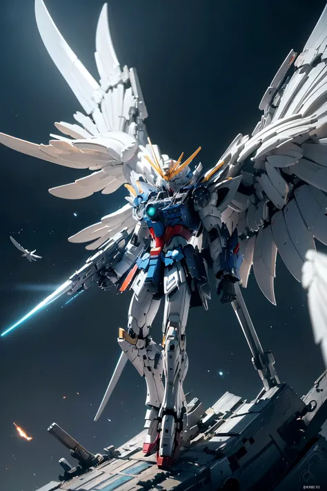 ((masterpiece, Highest Quality, Highest image quality, high resolution, Photoreal, raw photo, 8k)), ((Highly Detailed CG Integrated 8K Wallpaper)), wing gundam zero, they spread their wings and soar above an abandoned city,Psycho Frame
