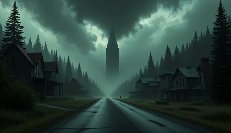 Nightmare, an abandoned town in the style of Silent Hill, darkness, fog, no light, spooky, lifeless, abandonment, liminal street background, dark surrealism, high detail, masterpiece.