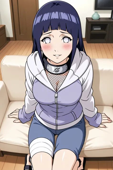 absurdres, masterpiece, best quality, very aesthetic, 1girl, solo,
ChopioHinata, purple hair, long hair, straight hair, shiny hair, blunt bangs, sidelocks, no pupils, white eyes, looking at viewer, 
medium breasts, mature female, 
outfit_1, two-tone jacket...