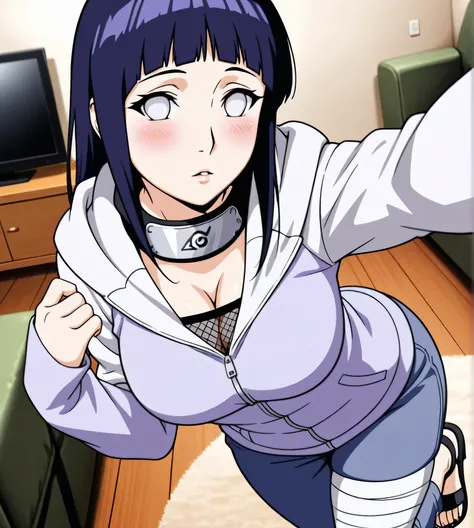 absurdres, masterpiece, best quality, very aesthetic, 1girl, solo,
ChopioHinata, purple hair, long hair, straight hair, shiny hair, blunt bangs, sidelocks, no pupils, white eyes, looking at viewer, 
medium breasts, mature female, 
outfit_1, two-tone jacket...