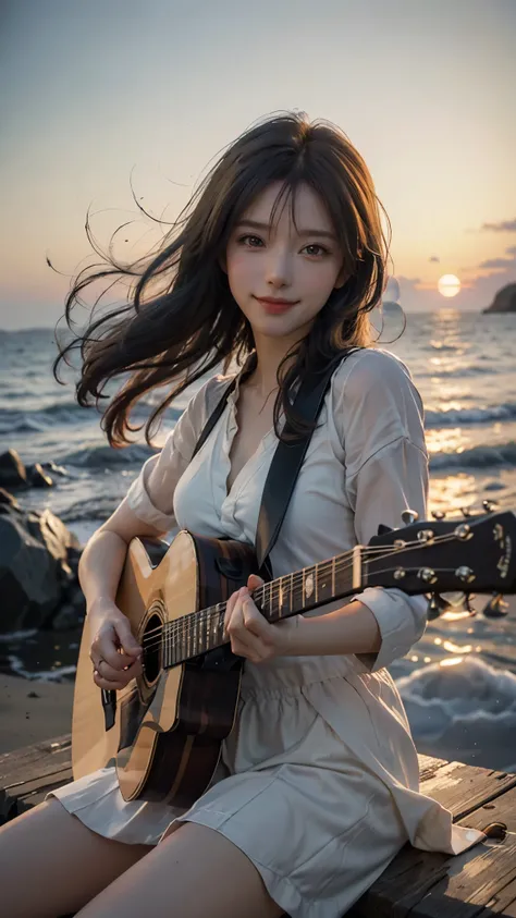 (photo realistic), highly detailed, Award-winning photography, Sharp focus,
A beautiful Scandinavian woman,
extraordinarily beautiful face, blonde, (smiling with the best smile),
A beautiful woman sits on a quiet seawall at sunset, gently strumming an aco...
