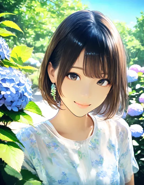 1girl, year 2019, watercolor, upper body, early summer, green park, hydrangea, blue sky, casual clothes, masterpiece, high score, great score, absurdres, 16k, Ultra detailed, (photorealistic : 0.5)