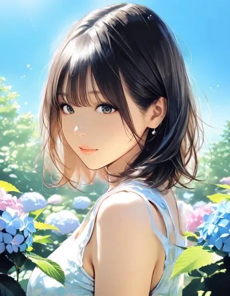 1girl, year 2019, watercolor, upper body, early summer, green park, hydrangea, blue sky, casual clothes, masterpiece, high score, great score, absurdres, 16k, Ultra detailed, (photorealistic : 0.5)