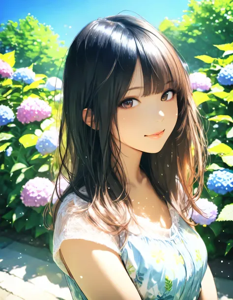 1girl, year 2019, watercolor, upper body, early summer, green park, hydrangea, blue sky, casual clothes, masterpiece, high score, great score, absurdres, 16k, Ultra detailed, (photorealistic : 0.5)