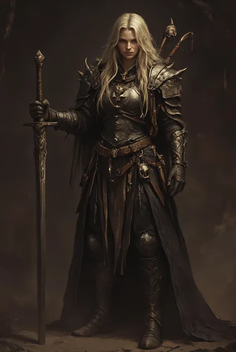 (1girl, young female, perfect lean body, long blonde hair, protagonist, adventurous, fantasy armor, breastplate, boots, holding sword, standing, courageous pose, dynamic pose), anthr0dnd, Gul'dan, dark fantasy character, detailed full-body character concep...