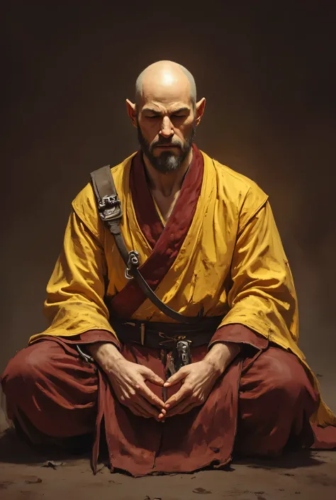 (1male, a young male, strong lean body, asian monk, bald, wearing yellow and maroon robe, weathered monk robe, serene expression, lotus position, dynamic pose), perfect proportions, digital painting, character concept, warm color palette, elegant, graceful...
