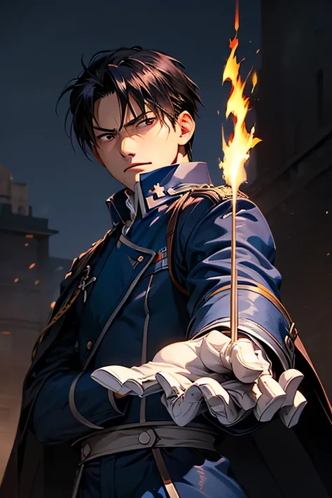 1 man、 blue military uniform、dark haired、black eyes、short hair、Keen Eyes、cool、Roy Mustang、FULLMETAL ALCHEMIST、white gloves in hands、 directly in front of you、One hand stretched straight ahead、The background is night、flame-lit