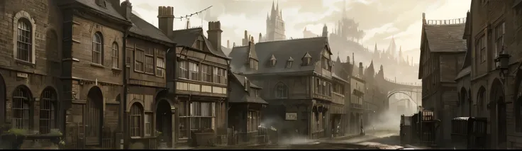 Victorian, terraced houses, buildings, industrial city , 1800s, smoke, cloudy, chimne:0.7, cobblestone streets, gloomy sky, dark , watercolor, painting, bloodborne, gothic
