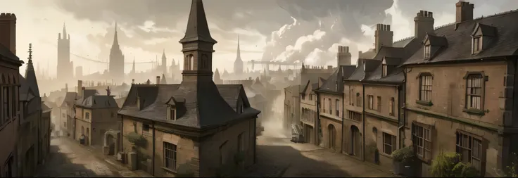 Victorian, terraced houses, buildings, industrial city , 1800s, smoke, cloudy, chimney, cobblestone streets, gloomy sky, dark , watercolor