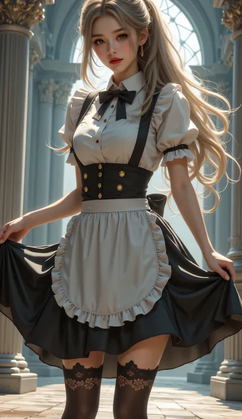 High image quality NUTRA FINECG Unity 8k壁紙、Highest Quality、High image quality NUTRA FINE、masterpiece、Real、photo、HIGH QUALITY NUTRA FINEキュートガール、18 years old、((Maid Cafe in an old European castle))girl standing in front of a table)、(girl in maid clothes),((B...