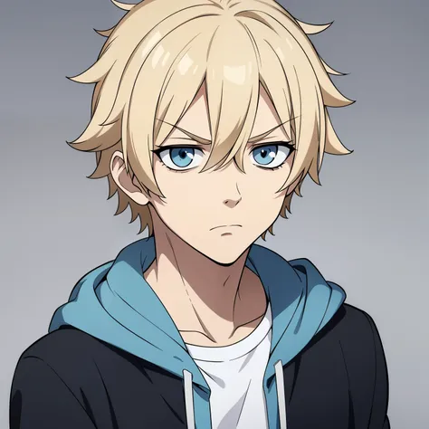 (high-quality, breathtaking),(expressive eyes, perfect face) 1boy, male, solo, young ager, blonde color hair, gold highlight, white skin, light blue eye color, short hair length, fluffy spiky hair, blue hoodie, Symmetrical Eyes, portrait, halfbody, serious...