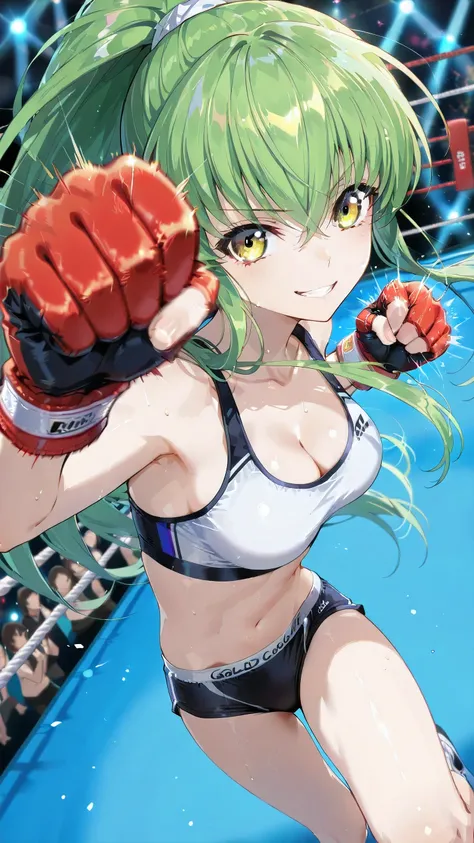 c.c., (gold eyes:1.5), long hair,, solo, Detailed eyes, white sports bra, black boy leg underwear, black fingerless gloves, thigh, cleavage, slim long legs, medium breast, serious grin, looking at viewer, Detailed eyes, Detailed face, upper body shot, face...