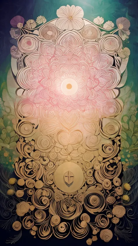 A vibrant and intricately designed collage centers around spiritual themes and mindfulness. An array of colorful elements, including celestial symbols like stars, moons, and the sun, contribute to a mystical atmosphere. The composition is dominated by an i...