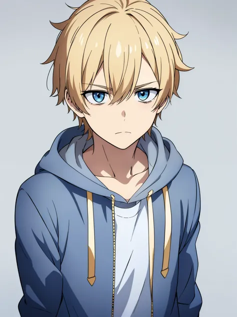 (high-quality, breathtaking),(expressive eyes, perfect face) 1boy, male, solo, young ager, blonde color hair, gold highlight, white skin, light blue eye color, short hair length, fluffy spiky hair, blue hoodie, Symmetrical Eyes, portrait, halfbody, neutral...