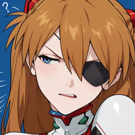 asuka langley, eyepatch, close up, white eva suit, head tilt, open mouth like talking, question mark, annoyed face, a bit angry, flirting, small blush, best quality, masterpiece, expressive lines
