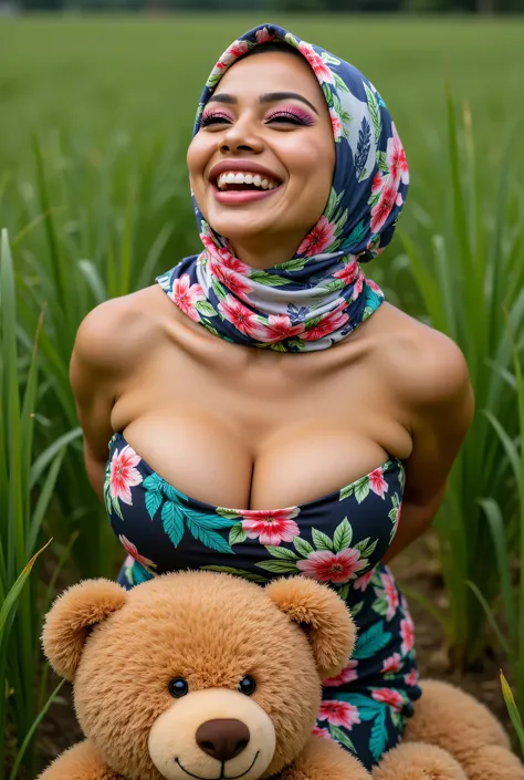 Visible female panties, front posing, ("Facial expression in Happy big Orgasm"), Both hands lying behind their backs, Wearing flora print hijab,  (photorealistic:1.6) ((Indonesian hijab)), background rice paddy. daytime atmosphere, (((please don't showing ...