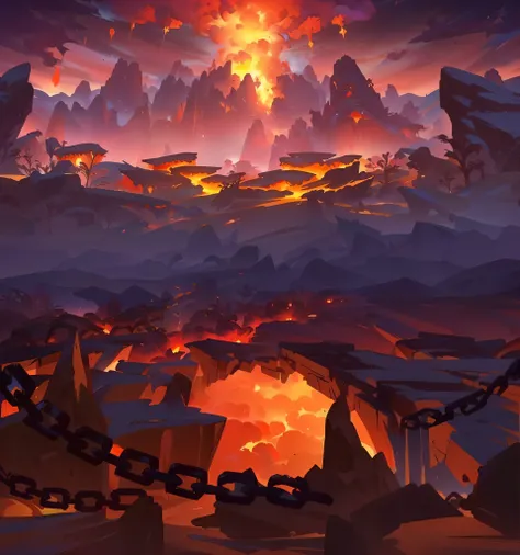 Volcano Q-version cartoon scene original, distant volcano crater, volcano erupts magma, lava and lava surround it, background art, hellish background, angry flames and destruction, reference to Xianxia Great Battle art scene style, scene concept art, new C...