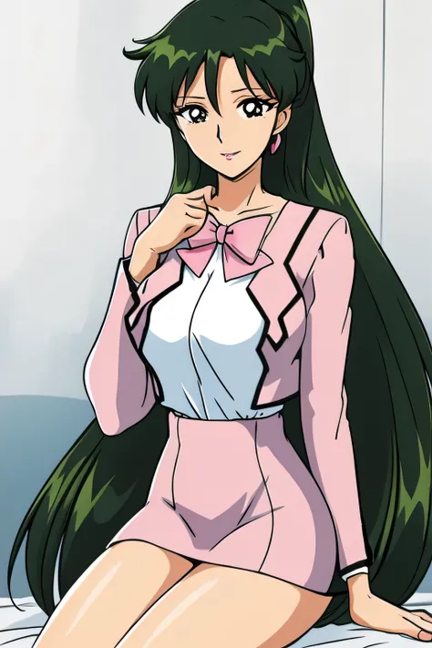 is sitting,Can you draw a woman walking around the city alone,Can you draw her expression more delicately {X} 彼女の表情をもっと繊細にPlease draw it,pink suitを着た女性をPlease draw it、long black hair,ponytail,, beautiful smiling woman ,Alone,white panties,(Please d...