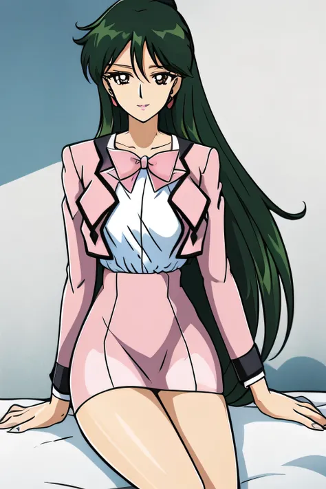 is sitting,Can you draw a woman walking around the city alone,Can you draw her expression more delicately {X} 彼女の表情をもっと繊細にPlease draw it,pink suitを着た女性をPlease draw it、long black hair,ponytail,, beautiful smiling woman ,Alone,white panties,(Please d...
