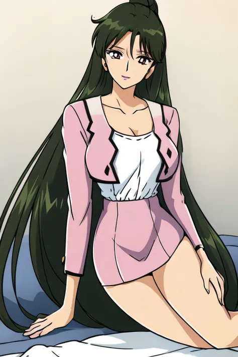 椅子にsitting女性は描けますか,draw her facial expression more delicately,face is absolutely necessary,white panties,Panchira,sitting,solos,Can you draw her expression more delicately {X} 彼女の表情をもっと繊細にPlease draw it,pink suitを着た女性をPlease draw it、long black hair,ponytai...