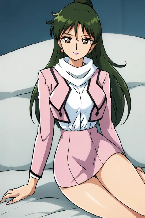 椅子にsitting女性は描けますか,draw her expression more delicately,face is absolutely necessary,white panties,Panchira,sitting,solo,can you draw her expression more delicately {X} 彼女の表情をもっと繊細にPlease draw it,pink suitを着た女性をPlease draw it、long black hair,ponytail,, ...