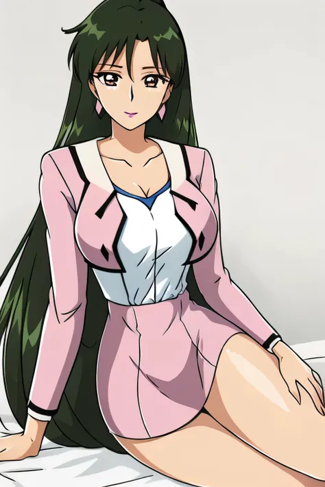 椅子にsitting女性は描けますか,draw her expression more delicately,face is absolutely necessary,white panties,Panchira,sitting,solo,can you draw her expression more delicately {X} 彼女の表情をもっと繊細にPlease draw it,pink suitを着た女性をPlease draw it、long black hair,ponytail,, ...