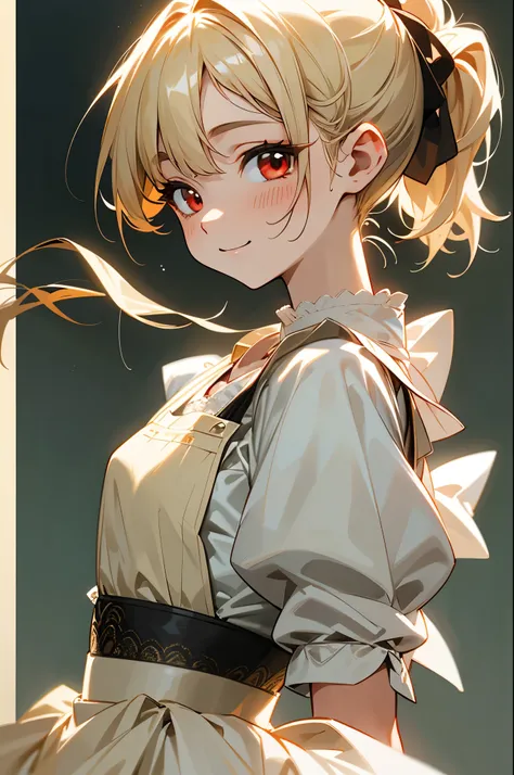 (From the side:1.2)、(dynamic angle)、Clothes that get messy when you move、blonde hair、Red Eyes、ponytail、stupid hair、small 、white lace apron、Smile that captivates the viewer、（professional lighting）、Border Depth、Characteristics of detailed clothing、