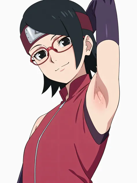 masterpiece, best quality, amazing quality, anime screencap, anime coloring, 1girl, solo, sarada, black eyes, black hair, short hair, glasses, headband, red sleeveless dress, detached sleeves, flat chest, arm behind head, armpit, armpit focus, head towards...