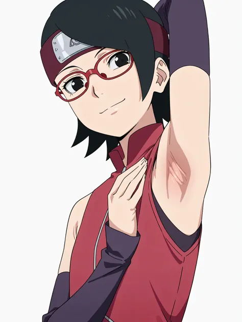 masterpiece, best quality, amazing quality, anime screencap, anime coloring, 1girl, solo, sarada, black eyes, black hair, short hair, glasses, headband, red sleeveless dress, detached sleeves, flat chest, arm behind head, armpit, armpit focus, head towards...