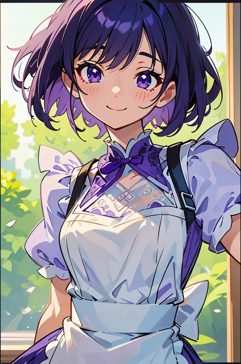 (dynamic angle)、Clothes that get messy when you move、PURPLE SHORT HAIR、purple eyes、small 、white lace apron、Smile that captivates the viewer、（professional lighting）、Border Depth、Characteristics of detailed clothing、