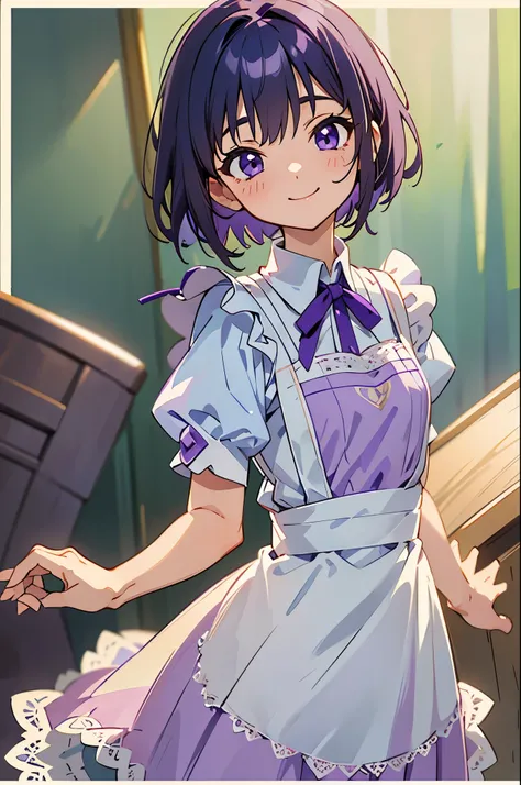 (dynamic angle)、Clothes that get messy when you move、PURPLE SHORT HAIR、purple eyes、small 、white lace apron、Smile that captivates the viewer、（professional lighting）、Border Depth、Characteristics of detailed clothing、