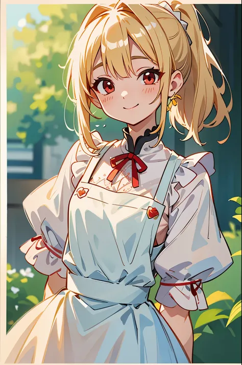 (dynamic angle)、Clothes that get messy when you move、blonde hair、Red Eyes、ponytail、stupid hair、small 、white lace apron、Smile that captivates the viewer、（professional lighting）、Border Depth、Characteristics of detailed clothing、
