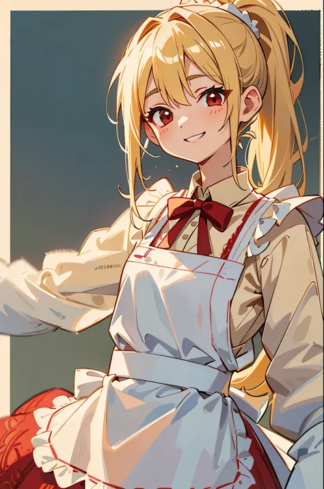 (dynamic angle)、Clothes that get messy when you move、blonde hair、Red Eyes、ponytail、stupid hair、small 、white lace apron、Smile that captivates the viewer、（professional lighting）、Border Depth、Characteristics of detailed clothing、