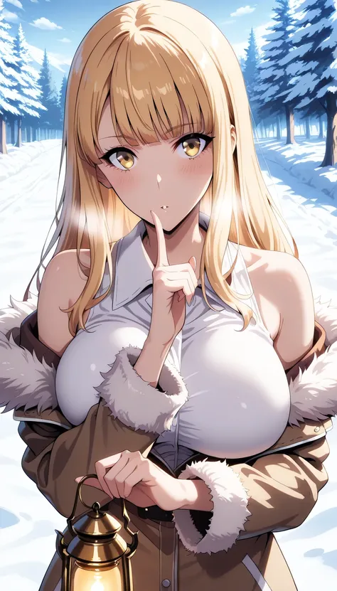 rating: random ,big breast,Index finger to own lips ,hae-in cha, 1girl,solo,yellow eyes,blunt bangs,golden hair long hair, fur trimmed jacket, off shoulder,BREAK outdoor, snowy, Winter, other hand holding lantern
