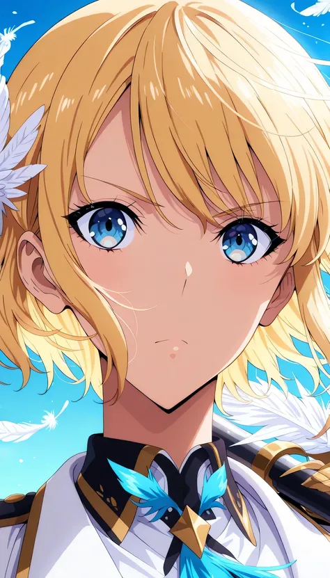 anime girl, blonde short layered hair, blue eyes, over shoulder pose, military jacket, ornate feathers, digital art, clean lineart, soft lighting, blue background, floating particles, three-quarter view, serious expression, high quality anime style, detail...