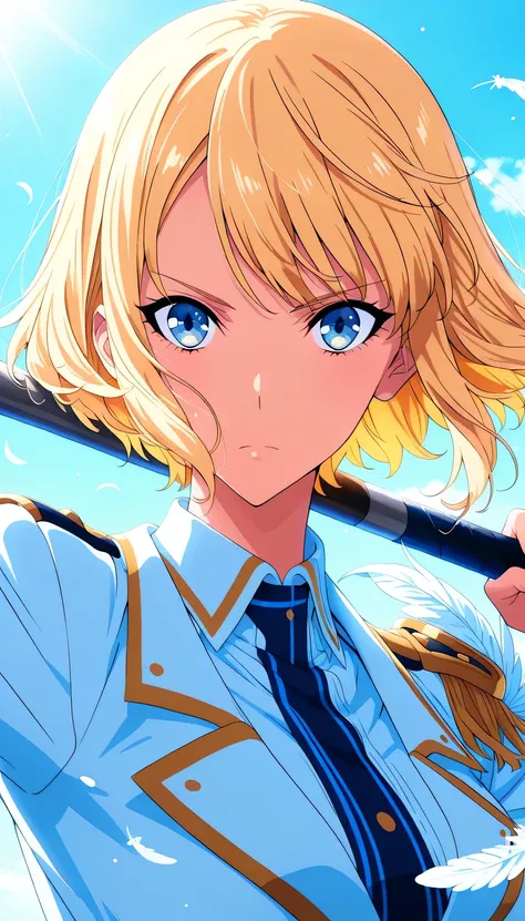anime girl, blonde short layered hair, blue eyes, over shoulder pose, military jacket, ornate feathers, digital art, clean lineart, soft lighting, blue background, floating particles, three-quarter view, serious expression, high quality anime style, detail...