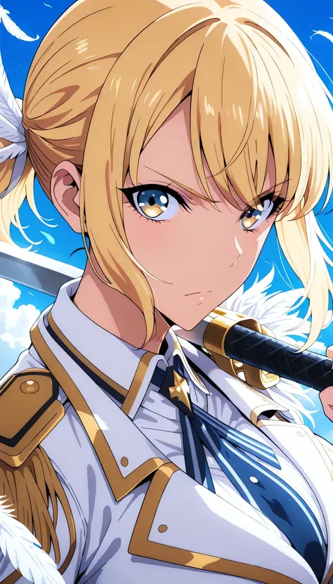 rating: random, big breast, anime girl, blonde short layered hair, blue eyes, over shoulder pose, military jacket, ornate feathers, digital art, clean lineart, soft lighting, blue background, floating particles, serious expression, high quality anime style...