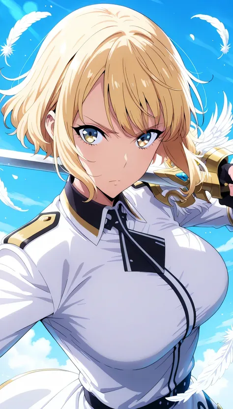 rating: random, big breast, anime girl, blonde short layered hair, blue eyes, over shoulder pose, military jacket, ornate feathers, digital art, clean lineart, soft lighting, blue background, floating particles, serious expression, high quality anime style...