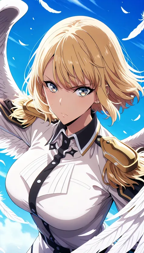 dark military jacket, high collar, brass buttons, ornate shoulder pauldron, layered wing feathers, white and black feather details, metallic accents, structured military cut, formal uniform, decorative epaulette, rating: random, big breast, anime girl, blo...